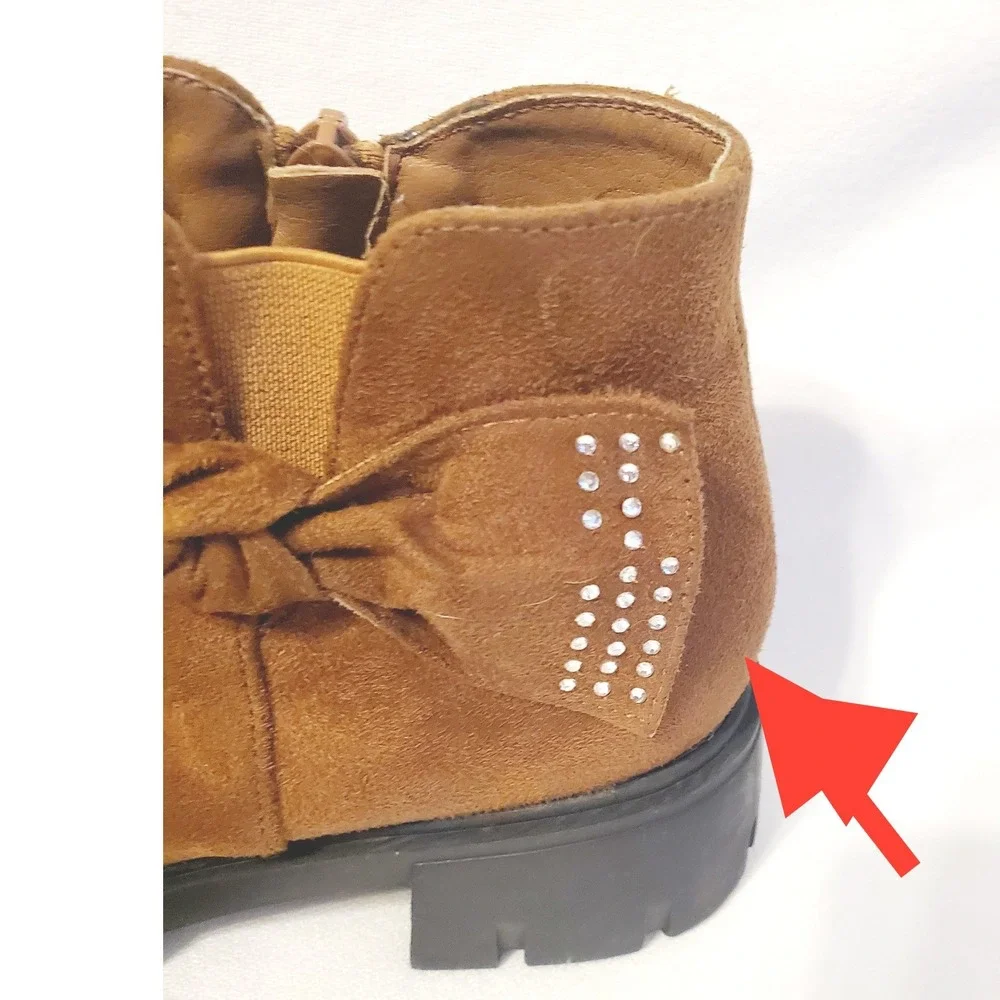 ZBY Girls Sz 1 Tan Faux Suede Ankle Boots Bow Rhinestone Lug Sole